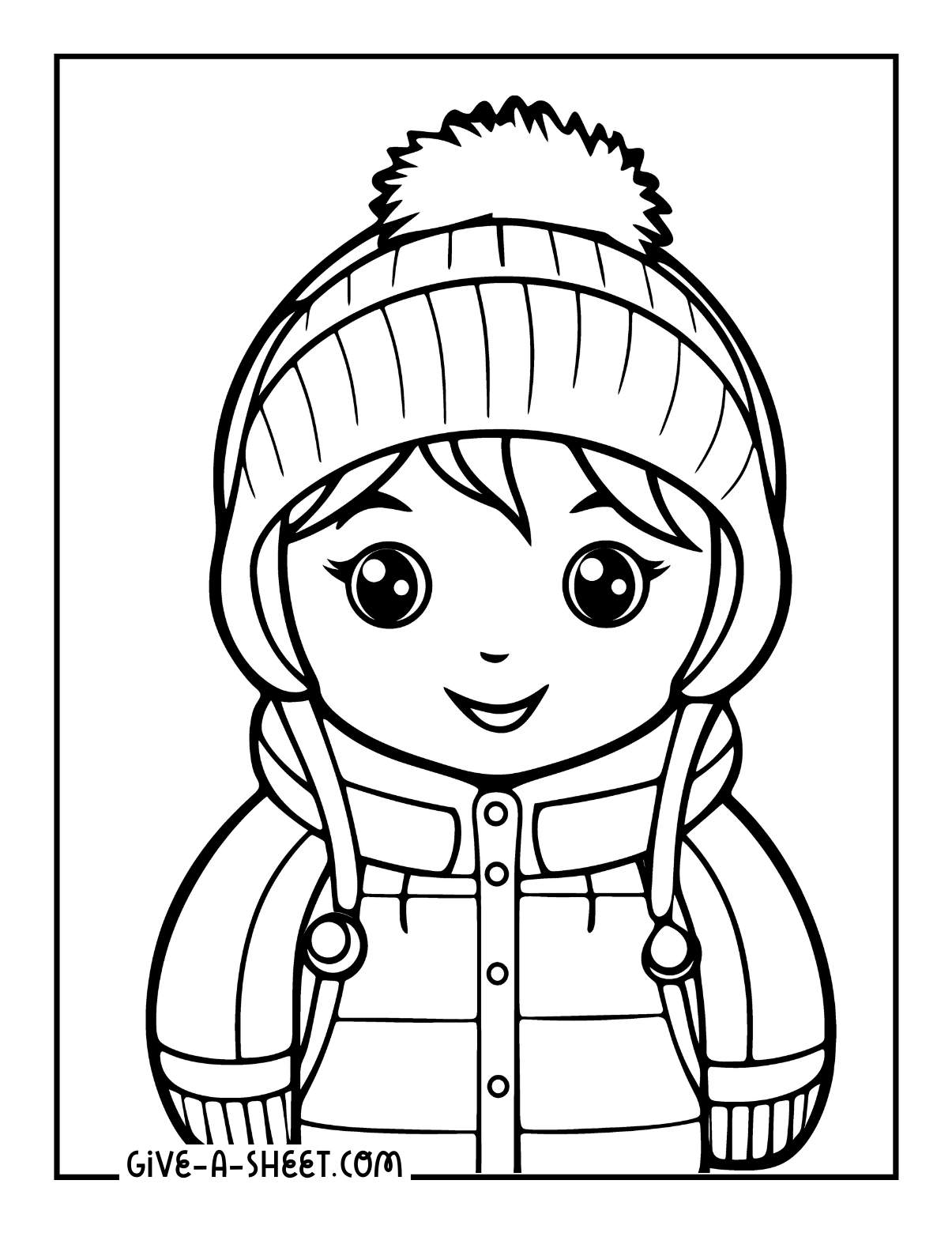 Girl wearing a fleece lining jacket and a trapper hat coloring sheet.