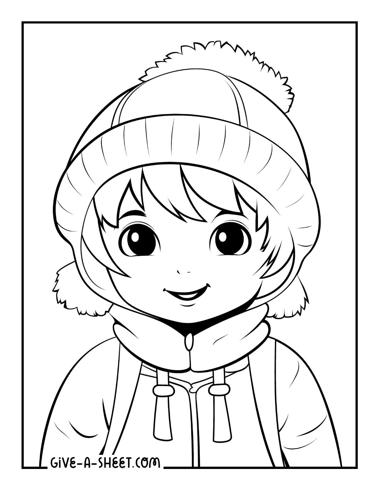 Woman wearing a wool winter hat coloring page for kids.