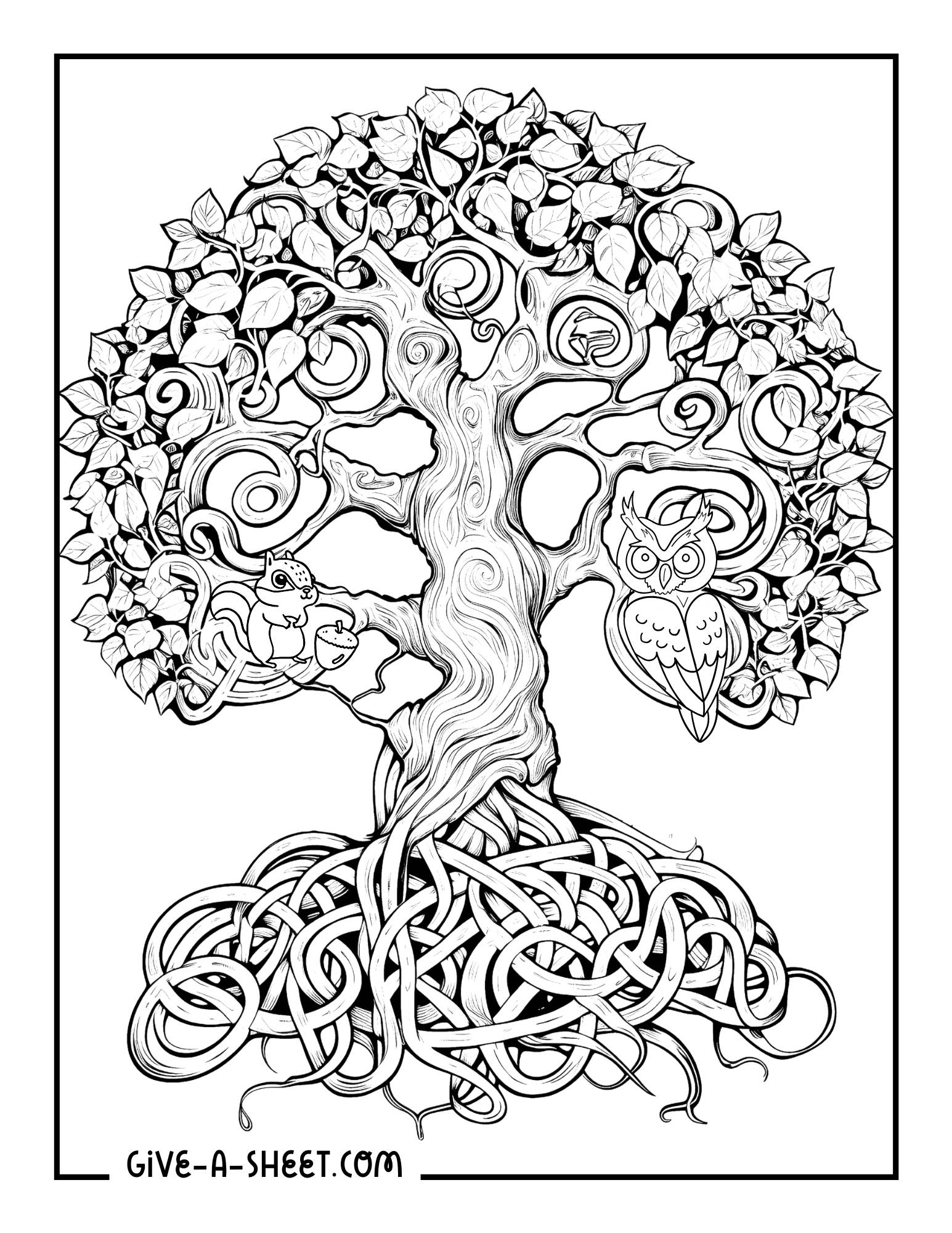 Zentangle tree coloring page for adults.