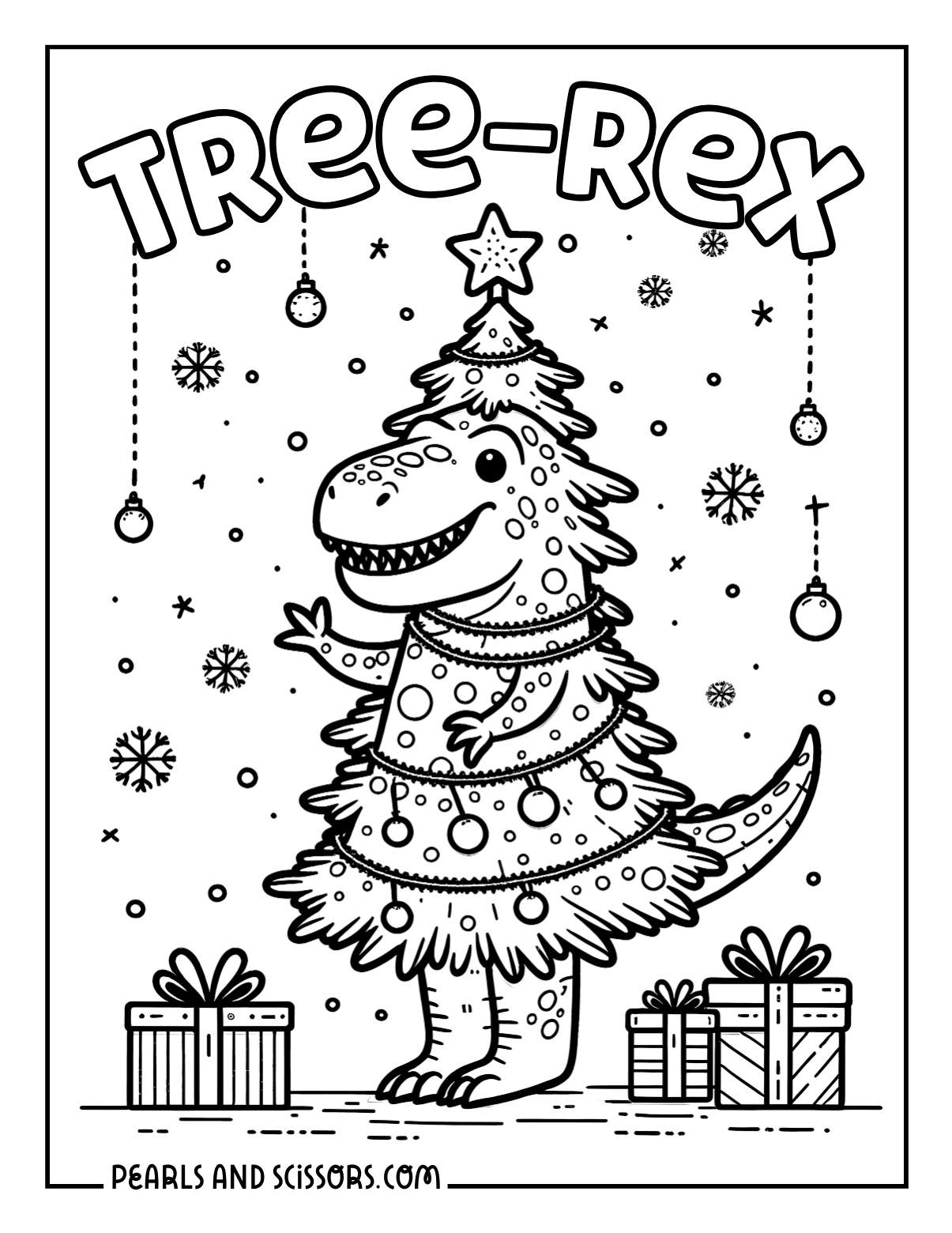 Tyrannosaurus rex dinosaur as Christmas tree coloring sheet for kids.