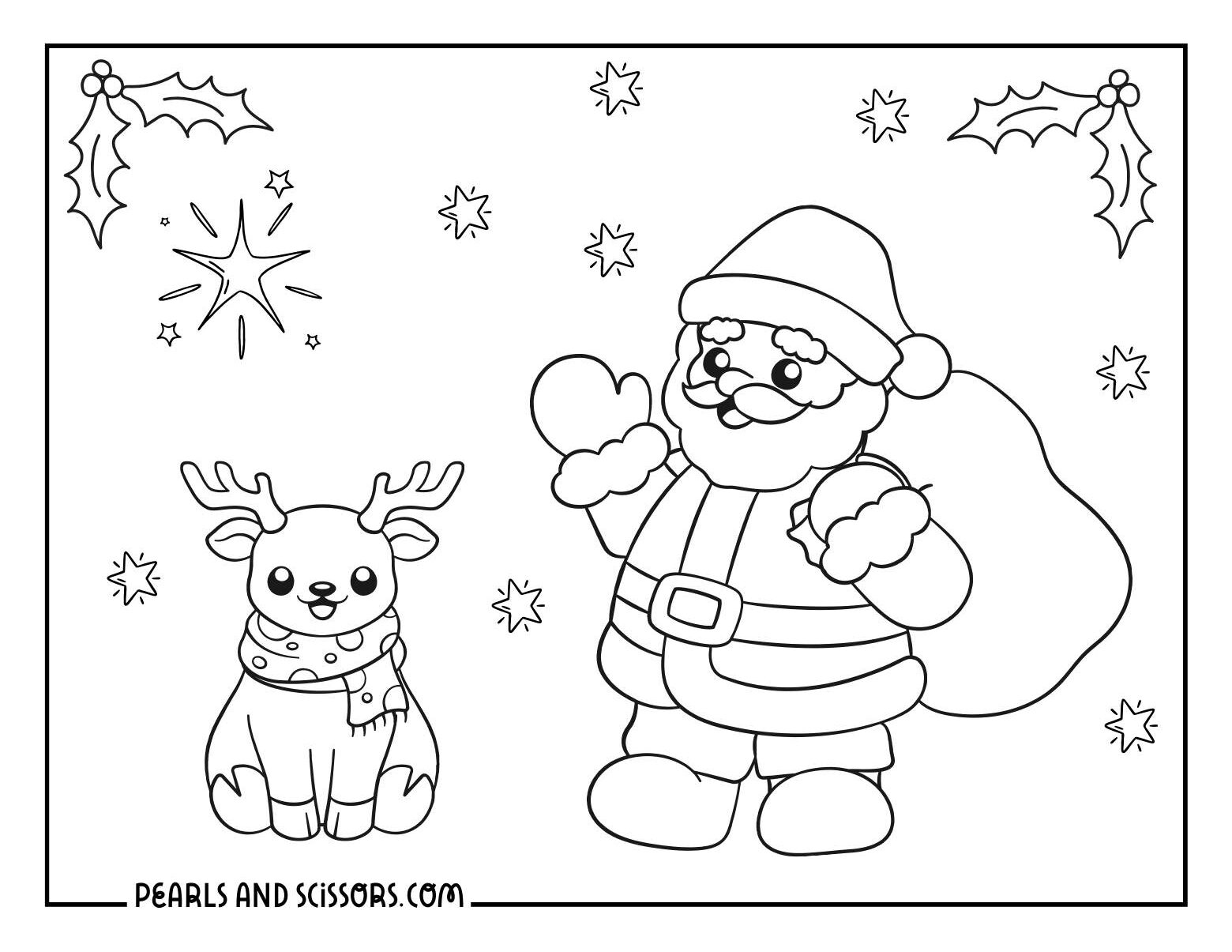 Santa claus with a reindeer christmas coloring page for kids.