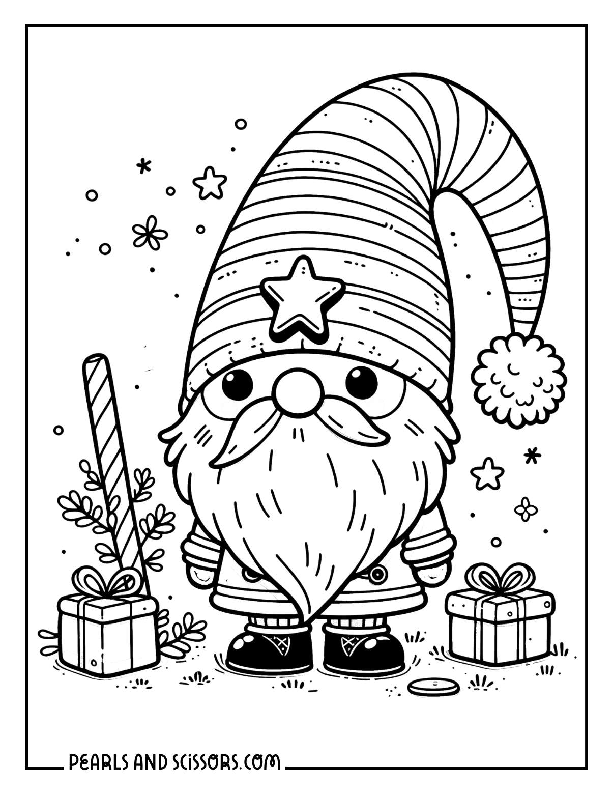 Cute gnome wearing a santa hat with christmas presents to color.