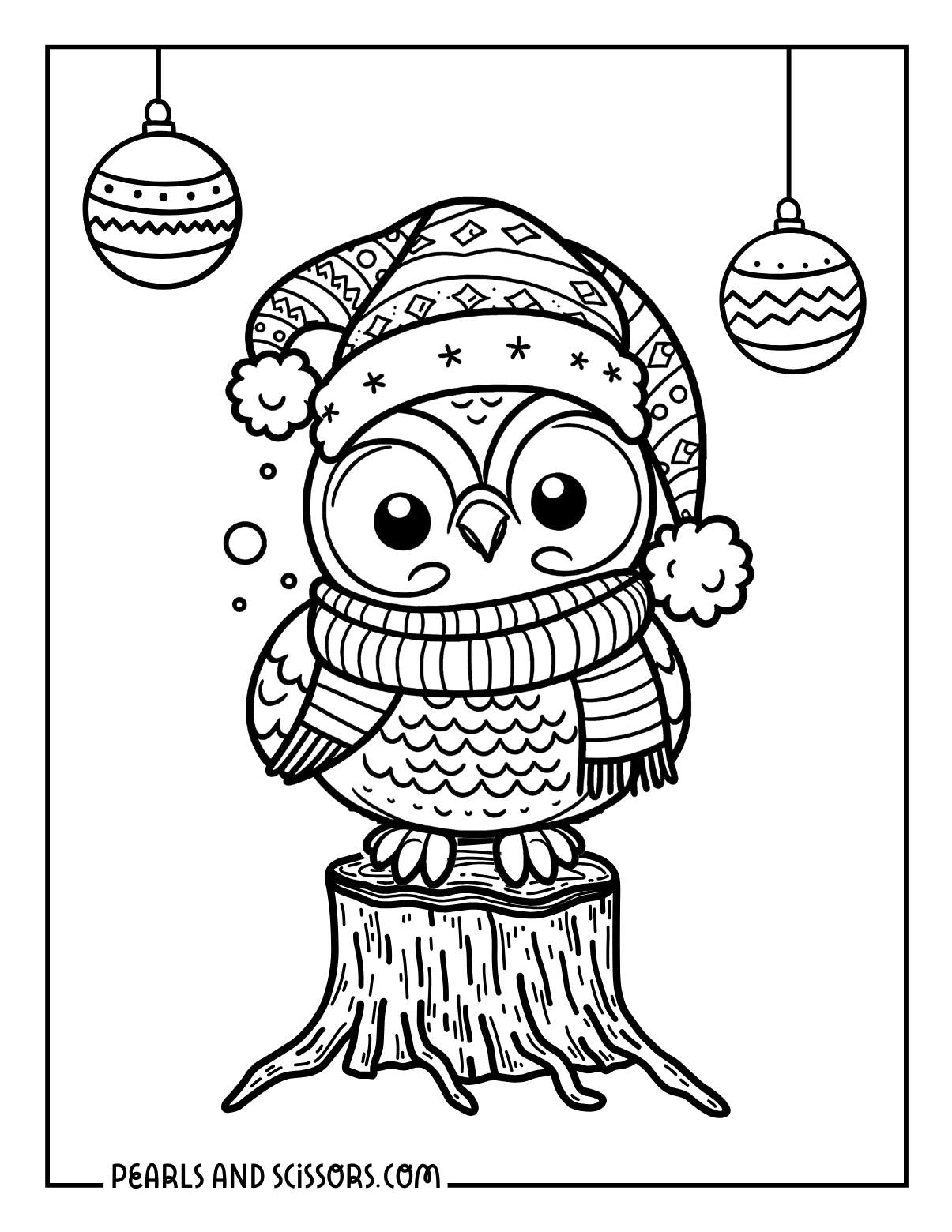 Festive owl wearing a santa hat, scarf while standing on a tree log and christmas ornaments to color.