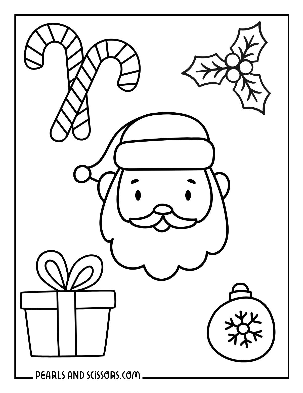 Christmas elements: candy canes, mistletoe, Santa Claus, christmas presents and ornaments to color for kids.