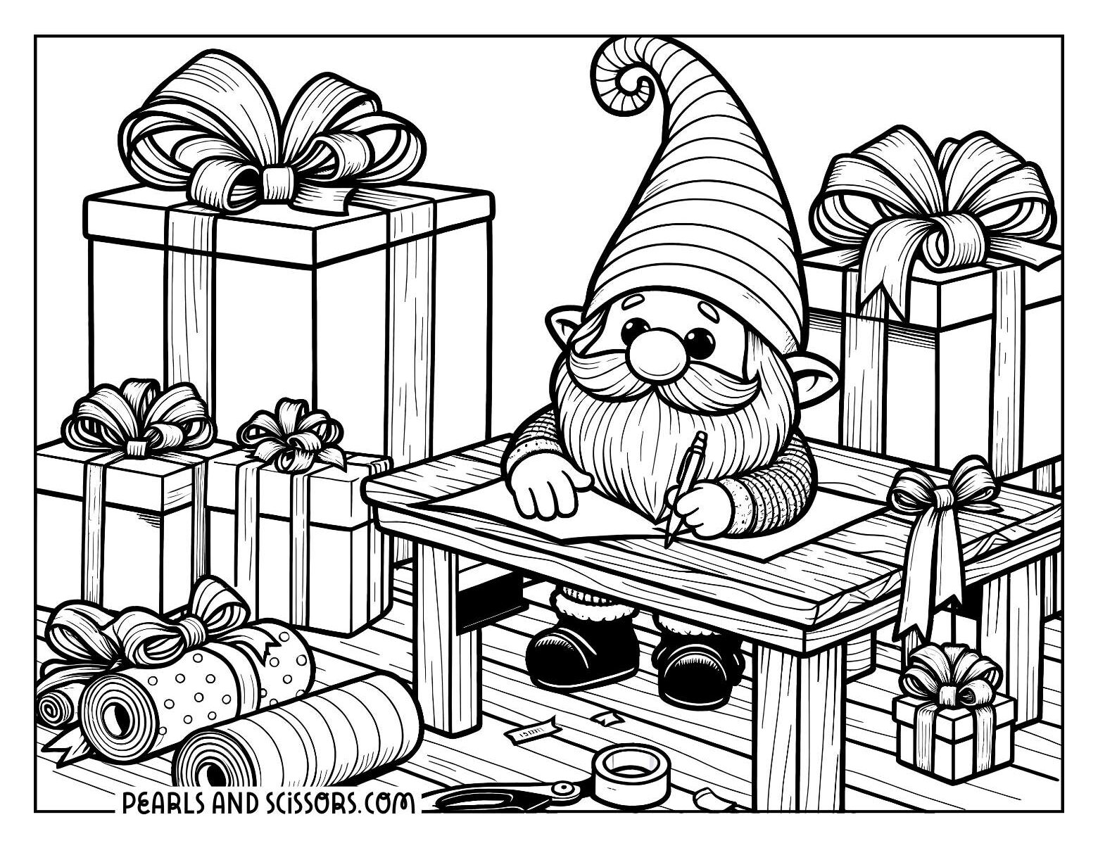 Christmas gnome wrapping gifts coloring page.