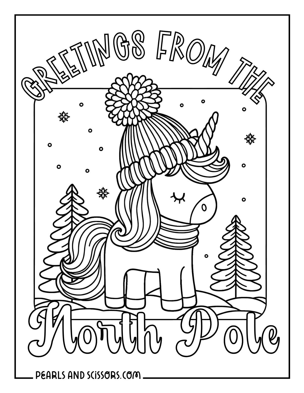 North pole unicorn wearing a winter hat on its head coloring page.