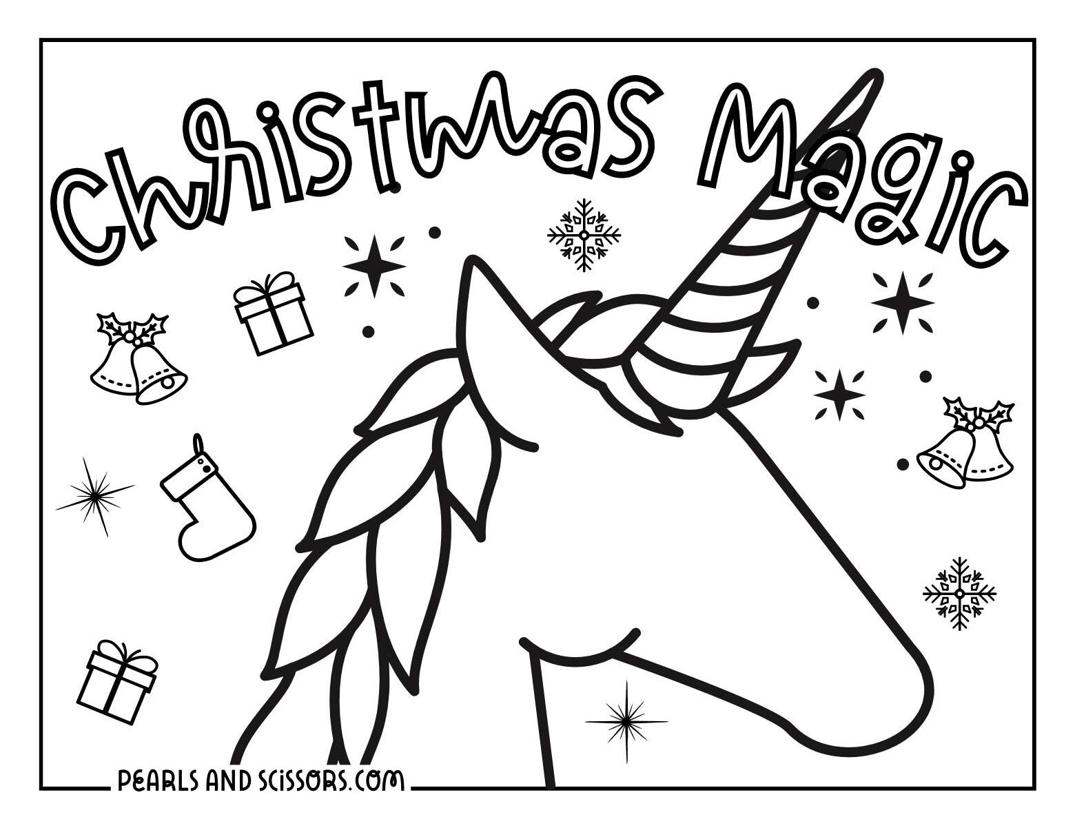 Unicorn christmas magic coloring page.