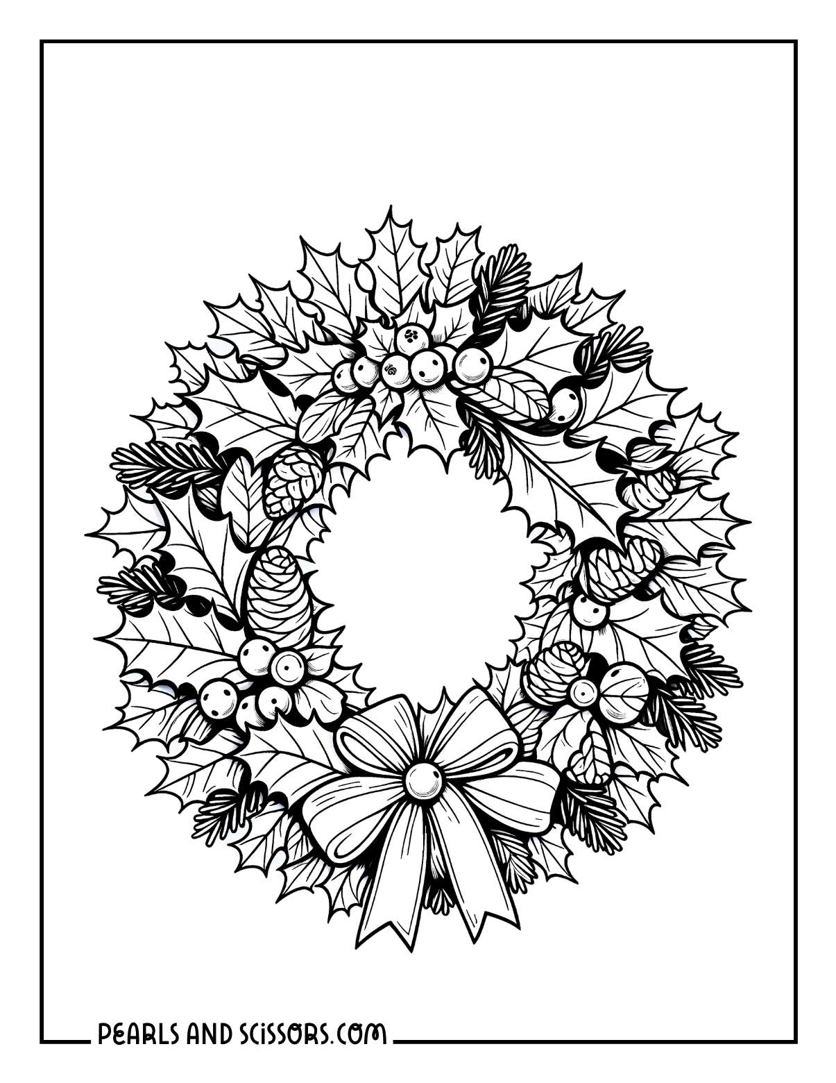 Christmas wreath with mistletoe design details coloring page for adults.