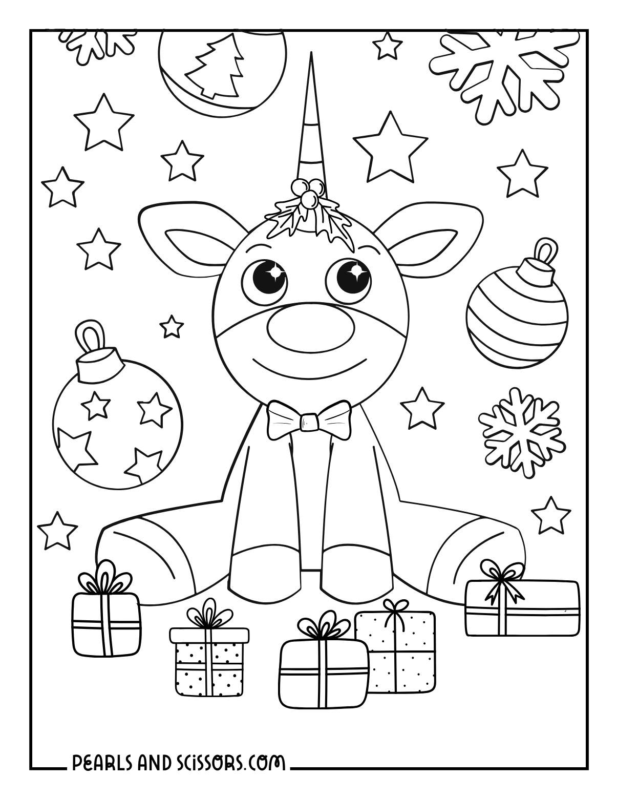 Unicorn opening christmas presents on christmas eve coloring page for kids.