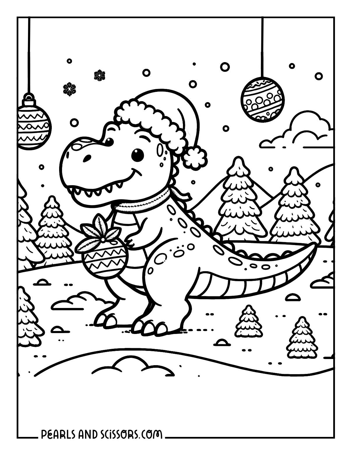 T-rex wearing a santa hat decorating christmas trees coloring sheet.