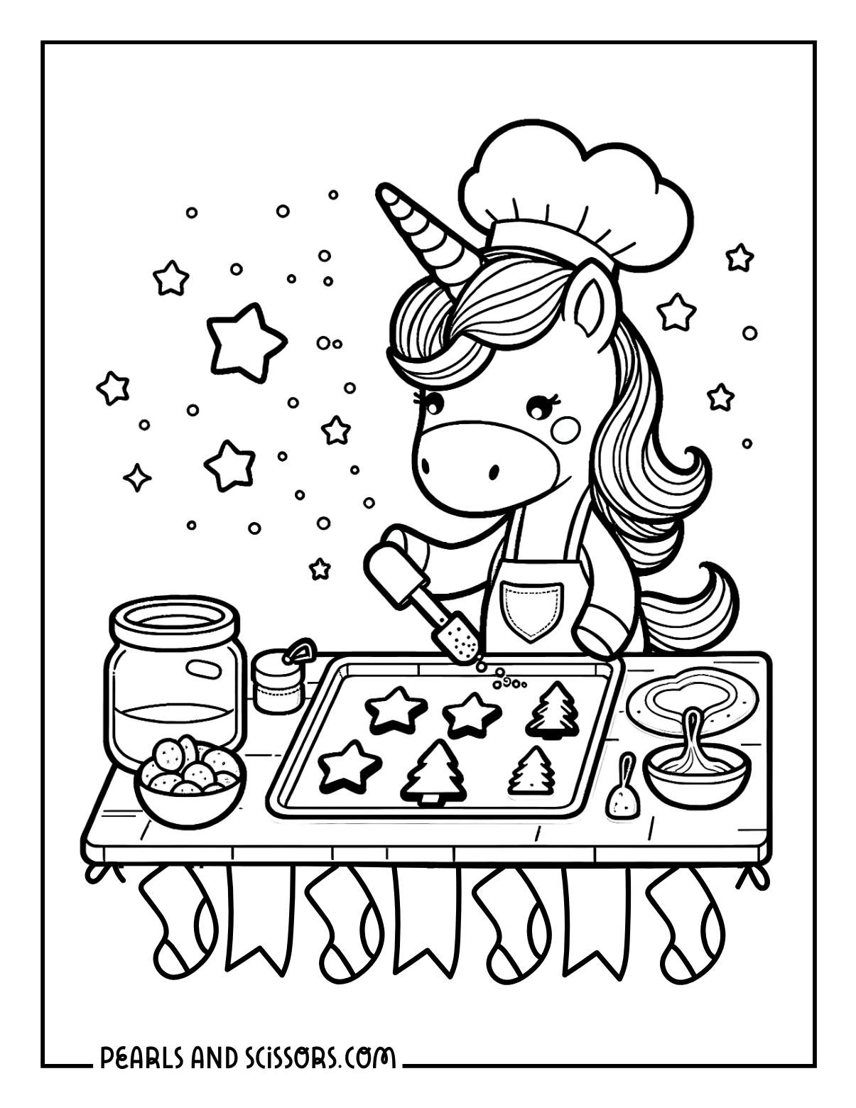 Unicorn baking gingerbread houses cookies christmas coloring page.