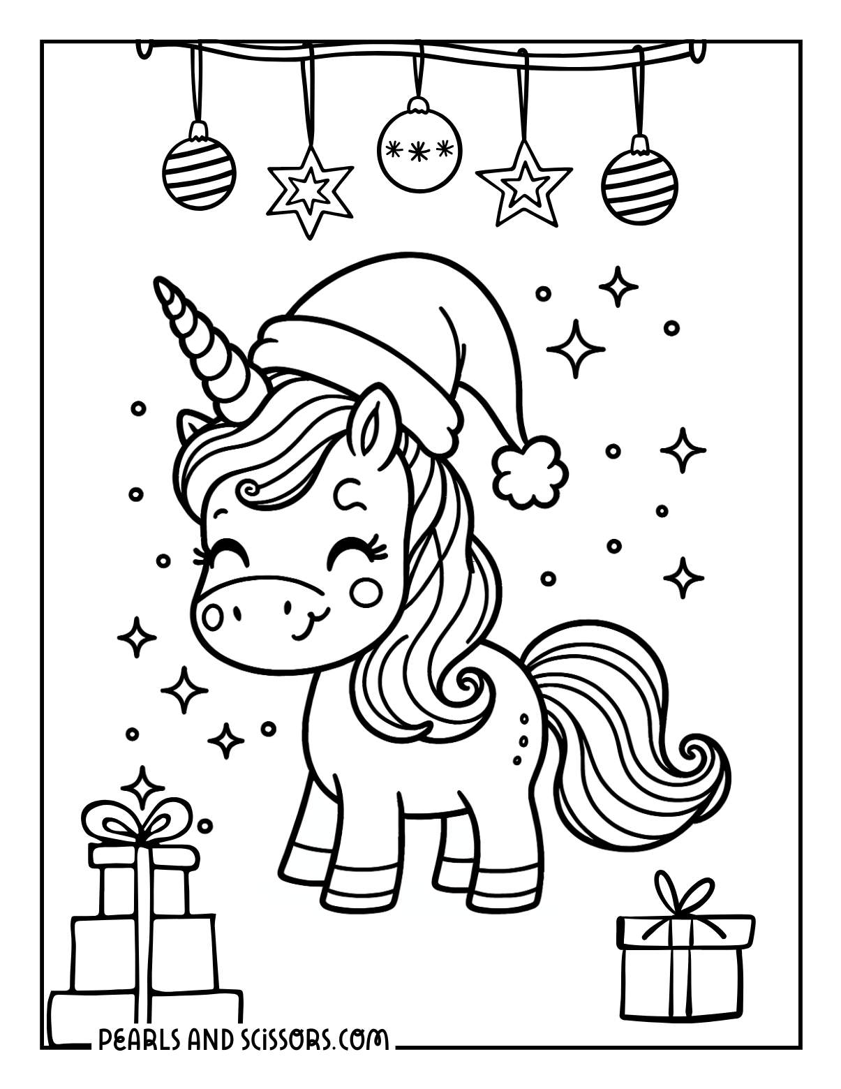 Cute unicorn opening christmas presents coloring page.