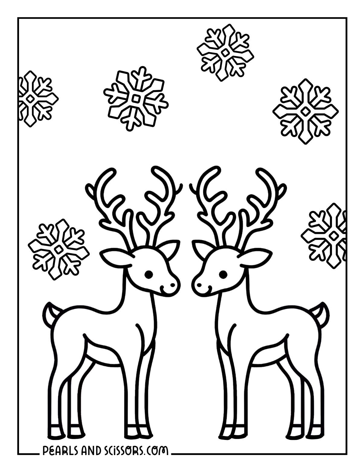 Two deers in winter coloring page with snowflakes.