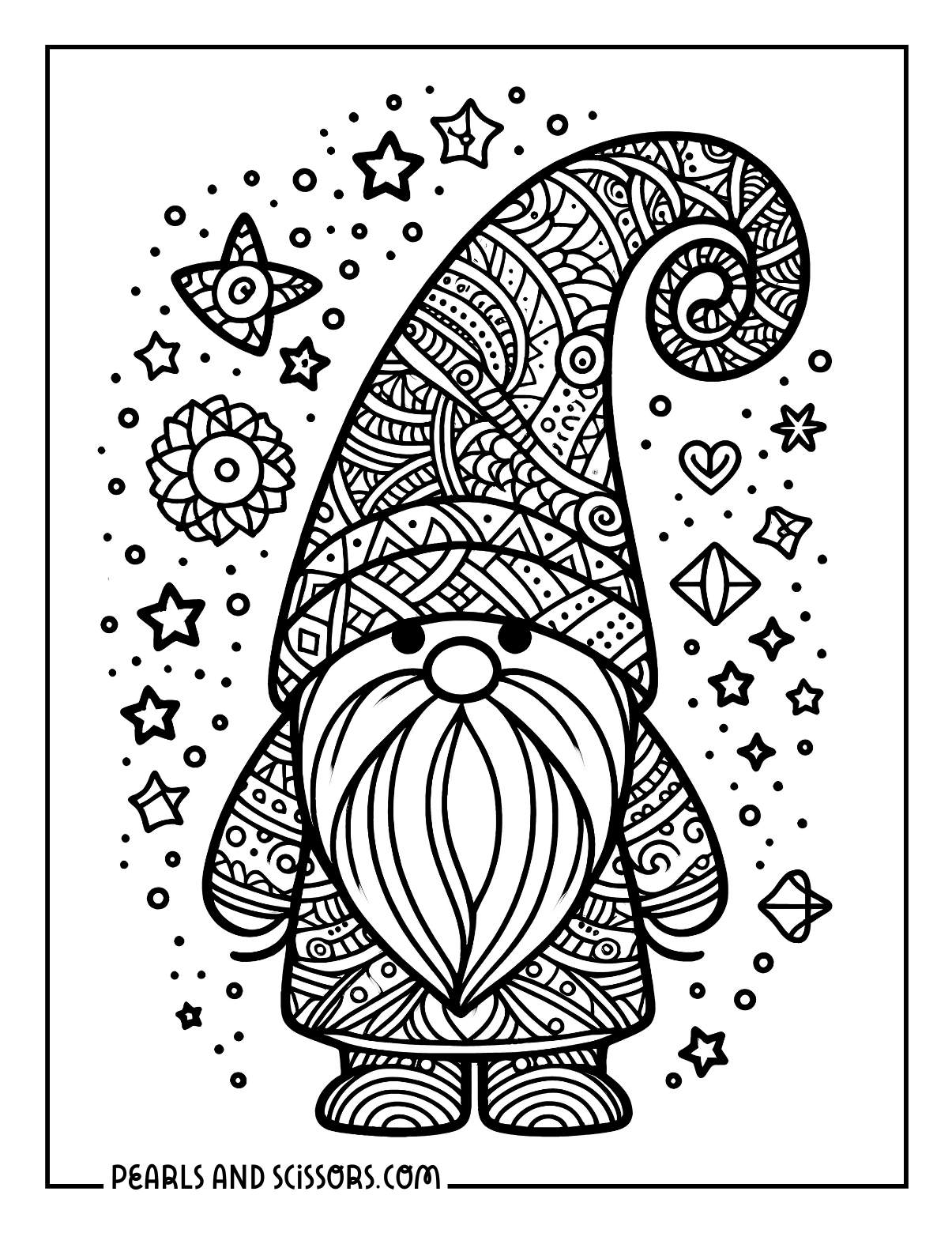 Detailed Christmas gnome with zentangle coloring sheet for adults.