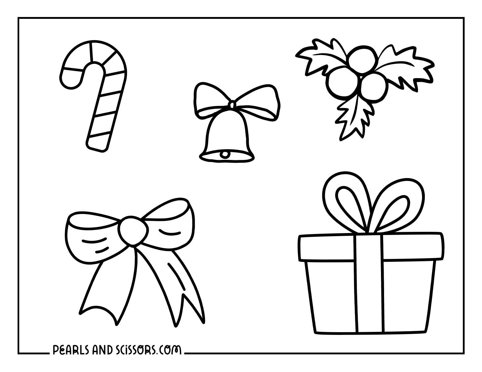 Simple and easy christmas candy cane, mistletoe, ribbon and gift to color for preschool.