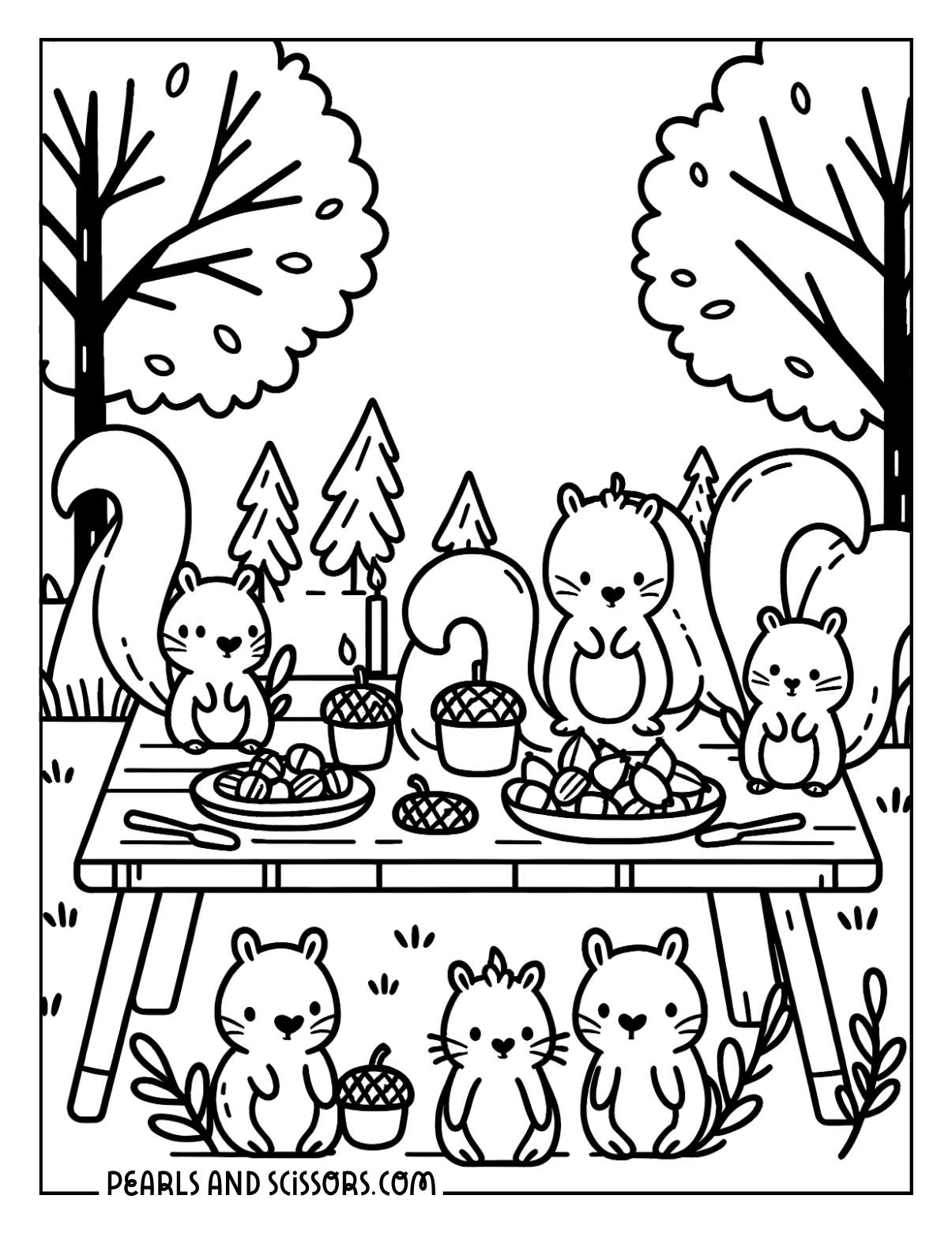 Family members of squirrels eating acorns during fall coloring page.