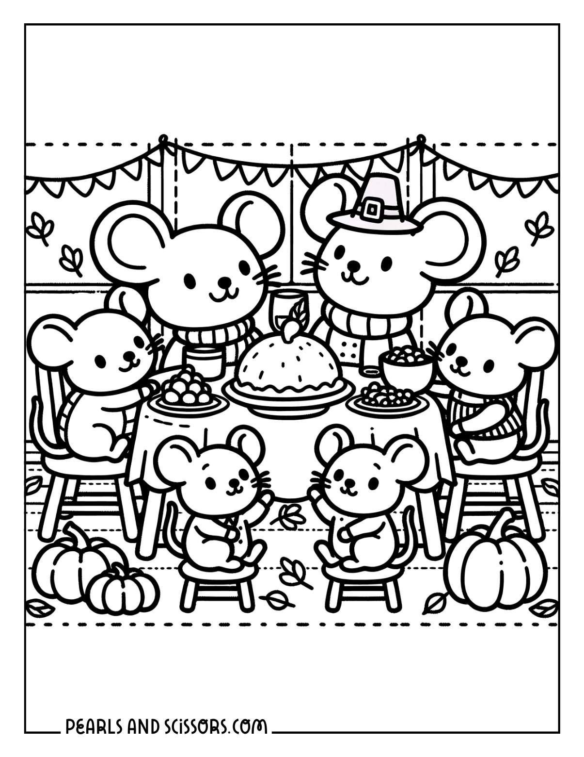 Family of mice having thanksgiving dinner coloring page.