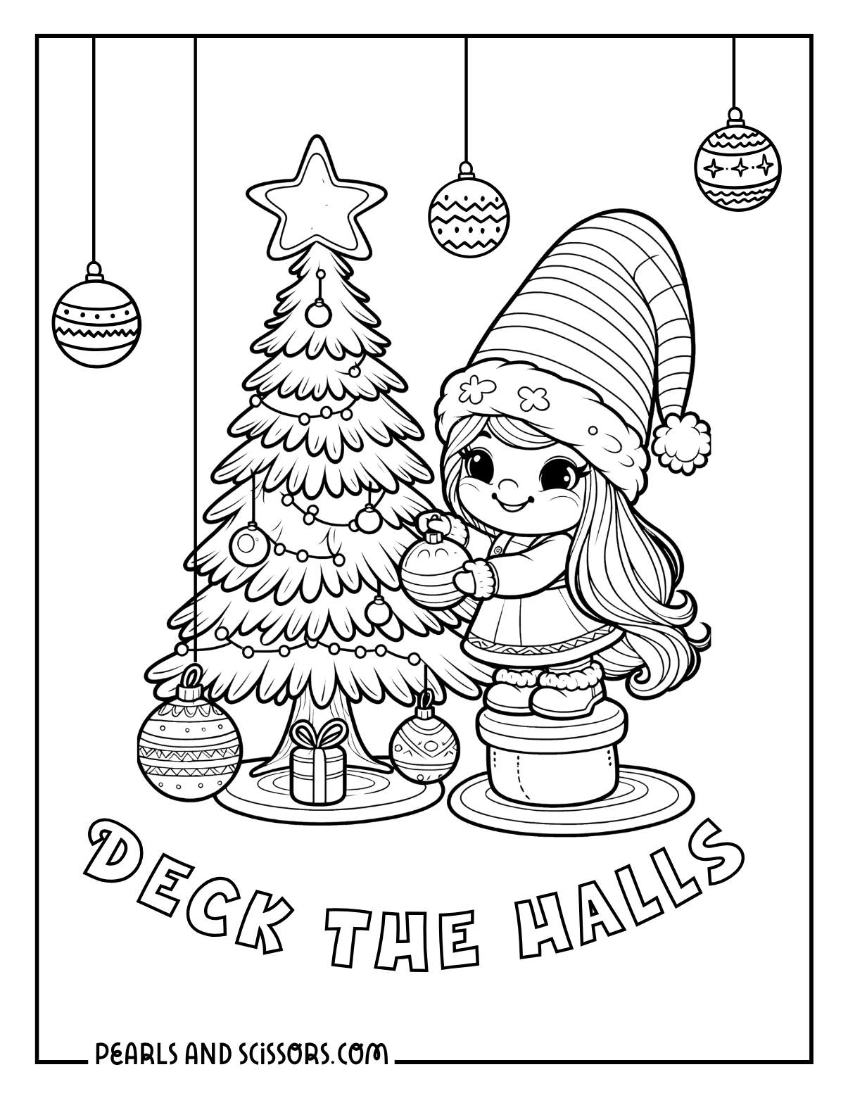Kawaii girl gnome decorating the christmas tree coloring page.