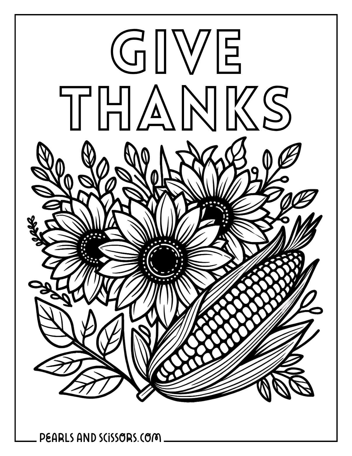 Give thanks sunflower and sweet corn thanksgiving coloring page.