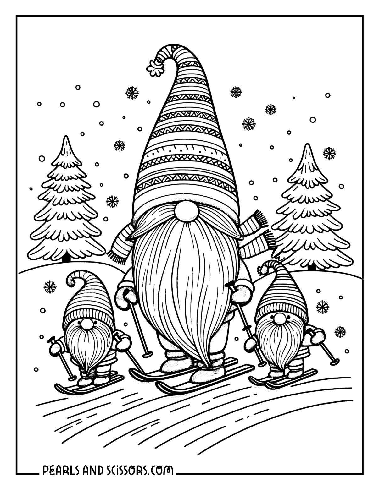 Gnome family skiing during the Christmas holiday season coloring page