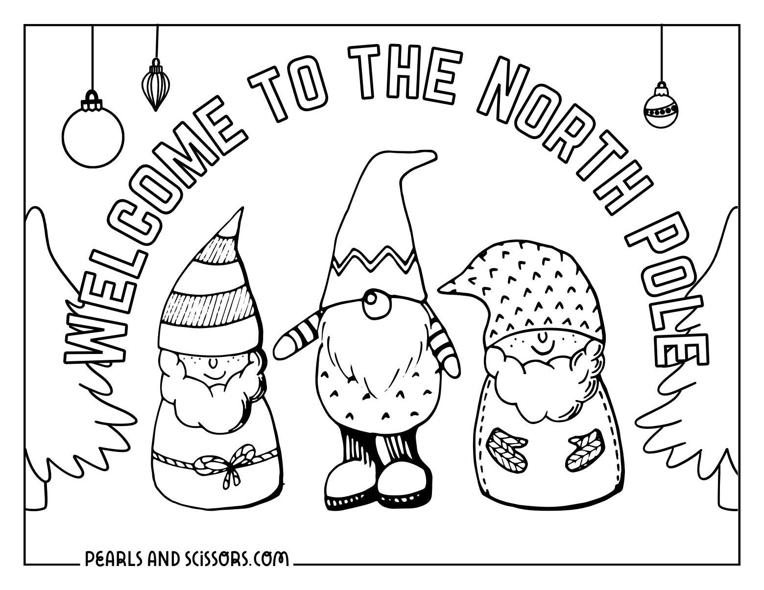 Gnomes from North Pole coloring sheet.