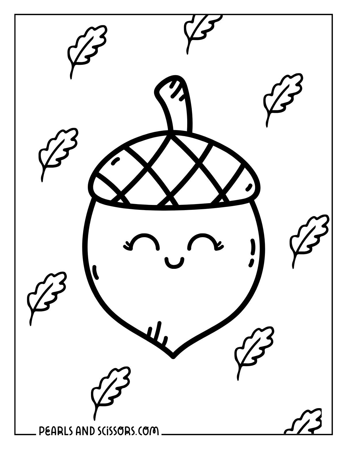 Kawaii acorn thanksgiving coloring page for kids.