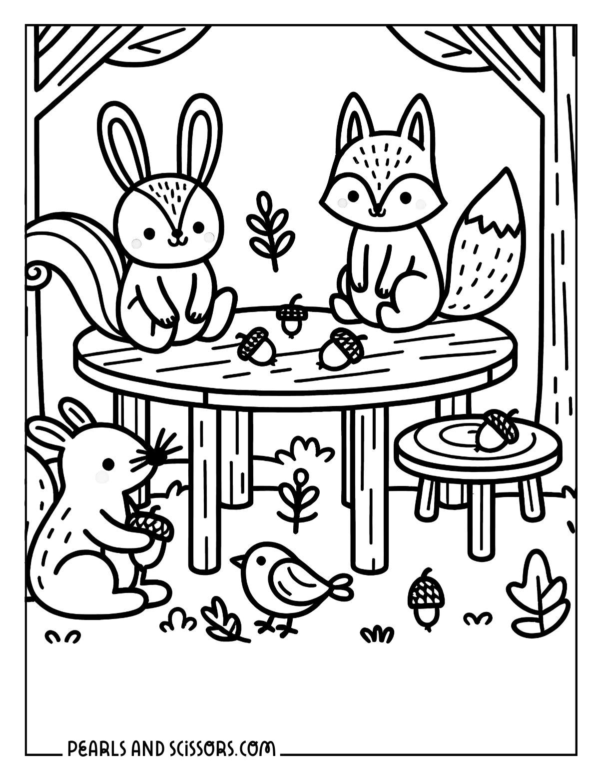 Kawaii animals friendsgiving in the woods coloring page for kids.