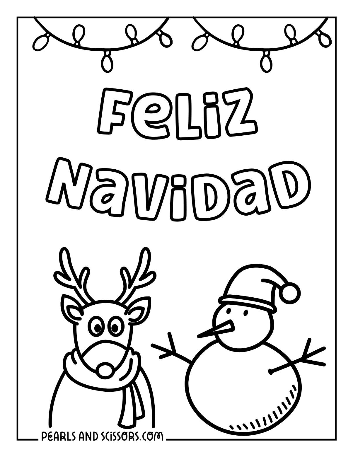 Feliz Navidad with festive lights, a reindeer and snowman Christmas coloring page.