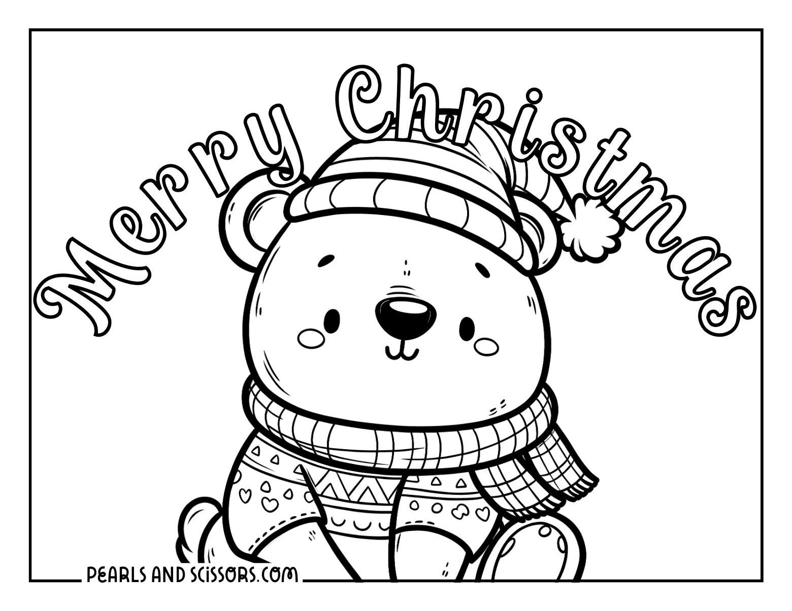 Kawaii polar bear wearing a santa hat and scarf merry christmas coloring page for kids.