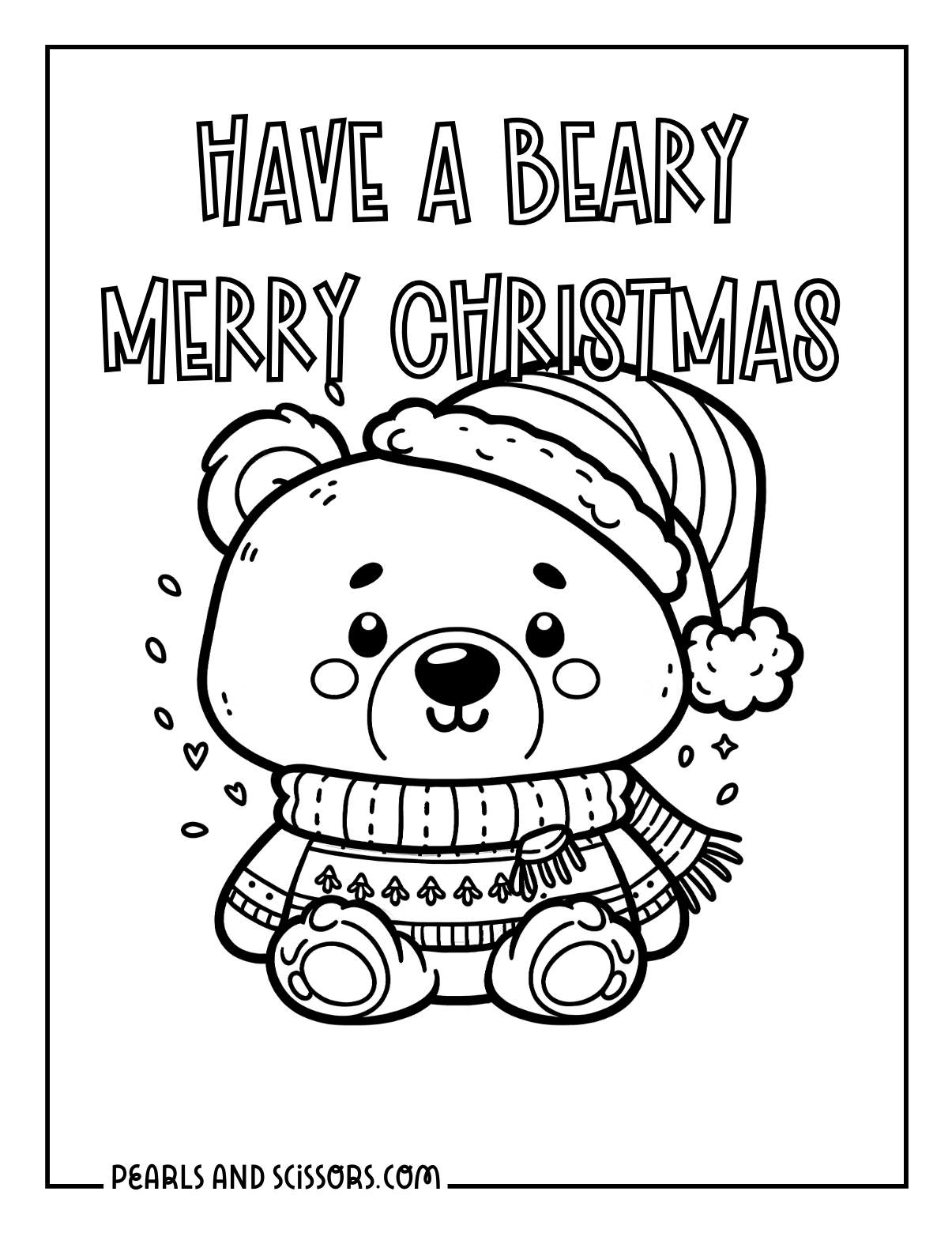 Kawaii teddy bear wearing a Santa hat, scarf and christmas sweater coloring page.