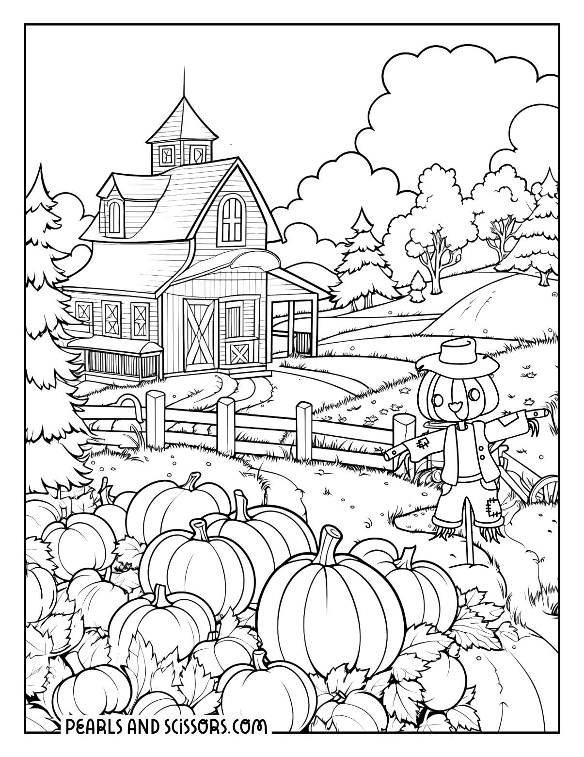 Pumpkin harvest farm with a scarecrow coloring page for adults.