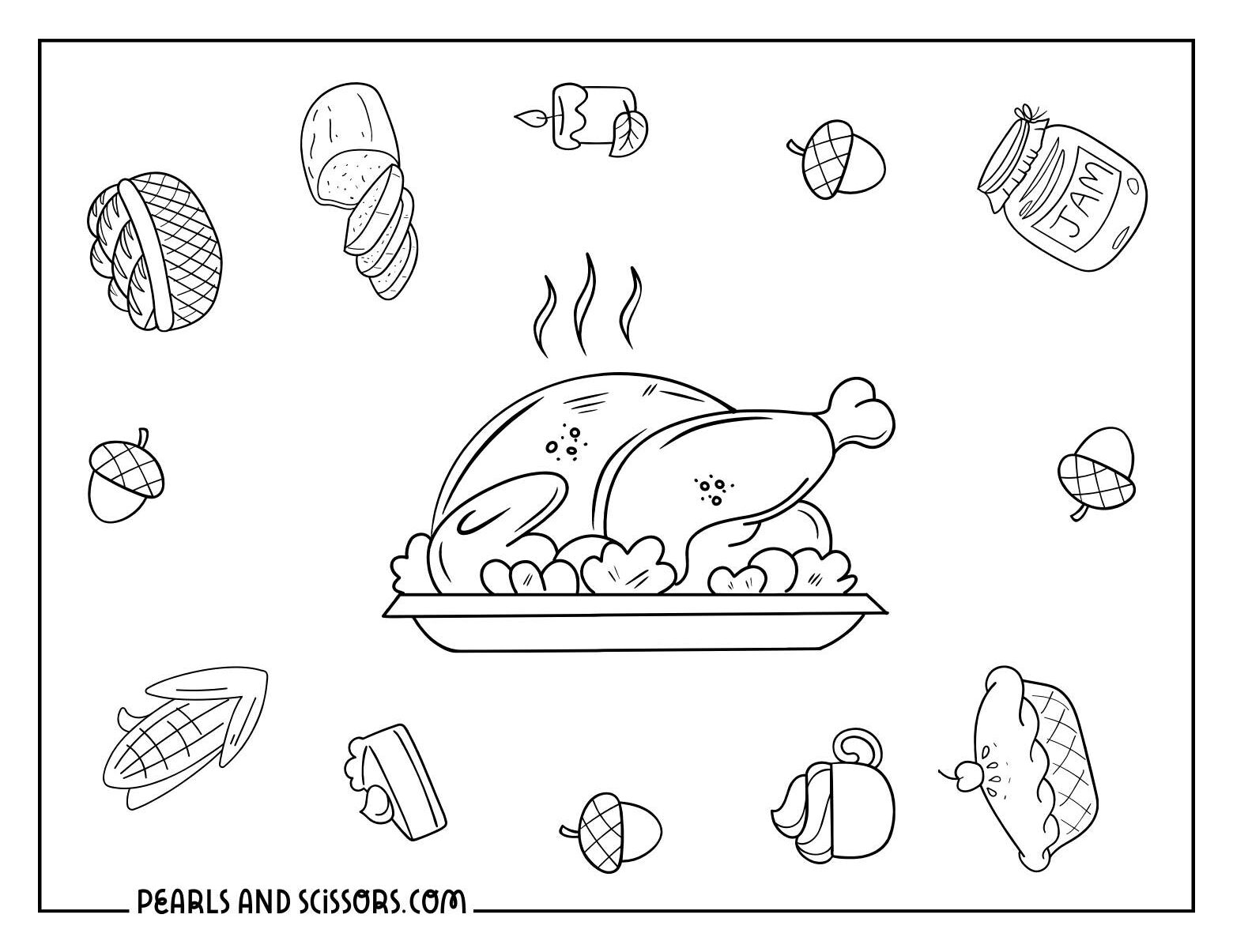 Roast turkey with thanksgiving food coloring page.