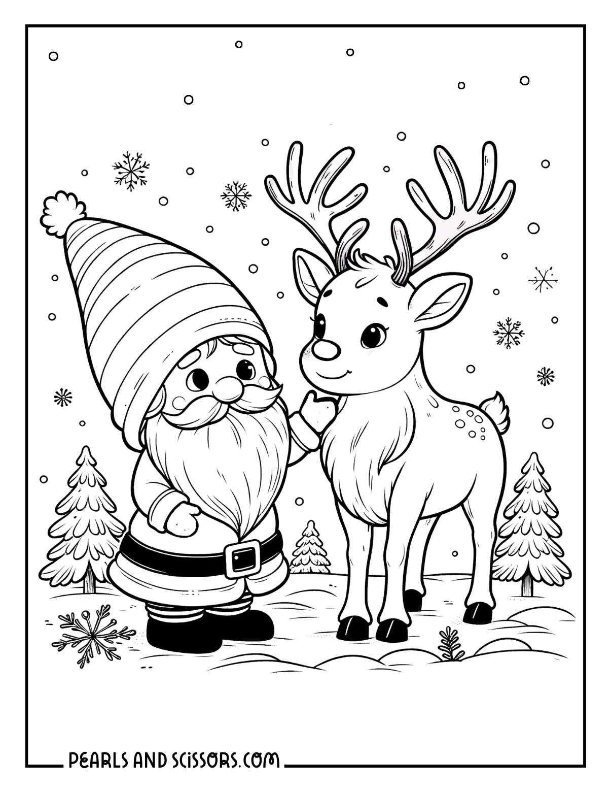 Santa Claus gnome and a Rudolf the reindeer coloring page.