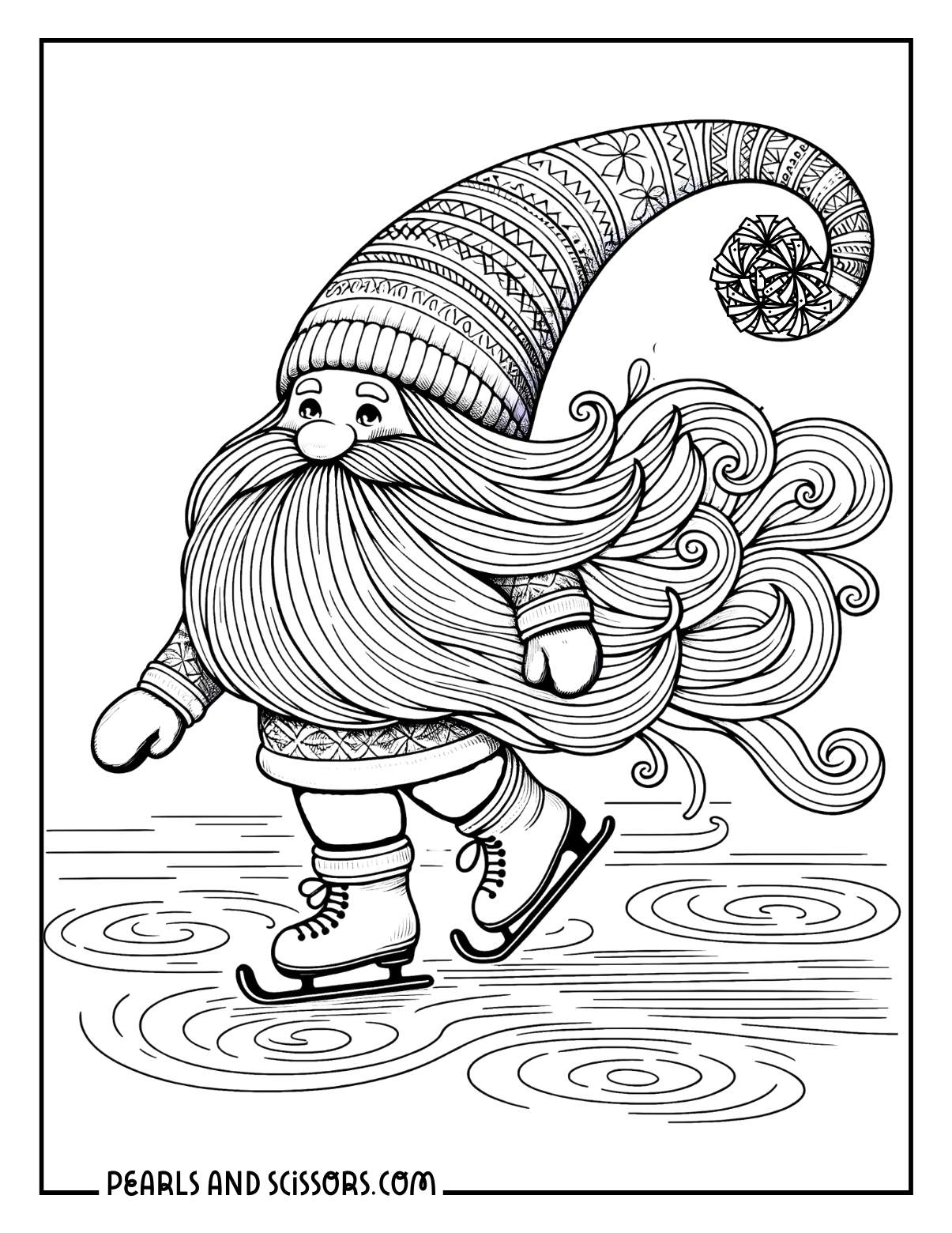 Scandinavian gnome with a long beard ice skating coloring page.