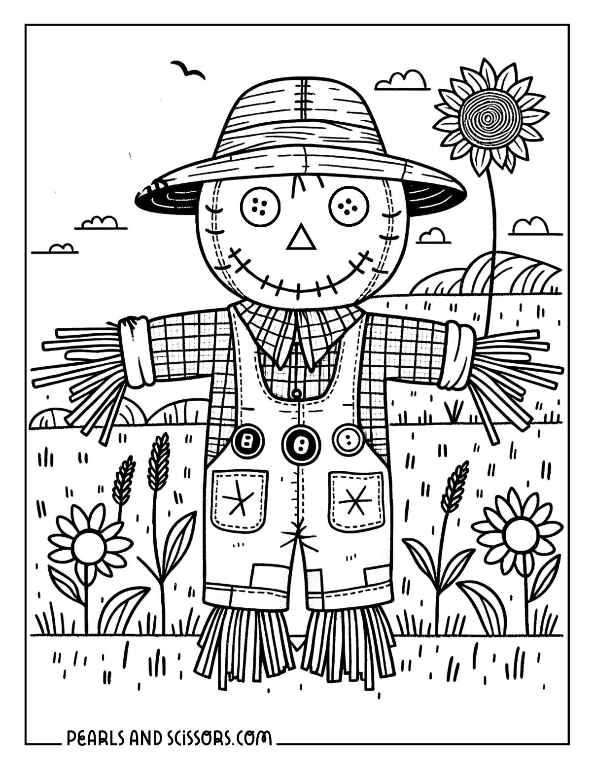 Scarecrow protecting the harvest wreath thanksgiving coloring sheet.