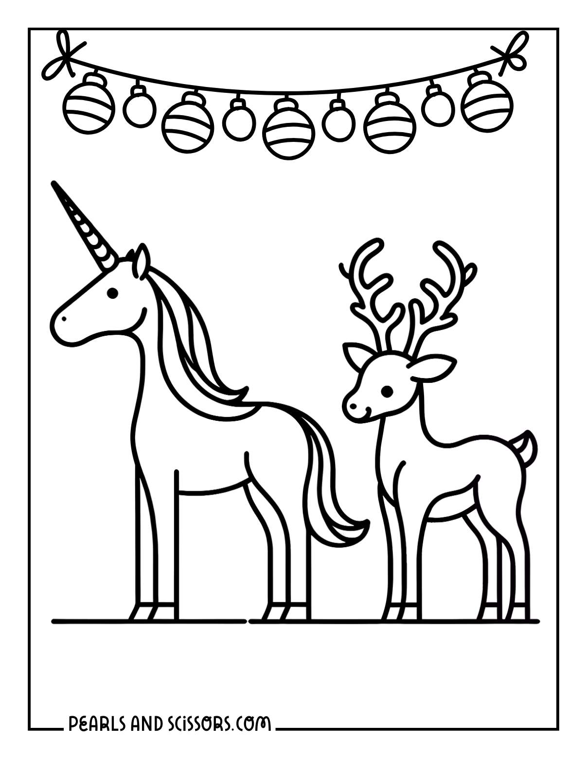 Unicorn and reindeer outline to color in for christmas.