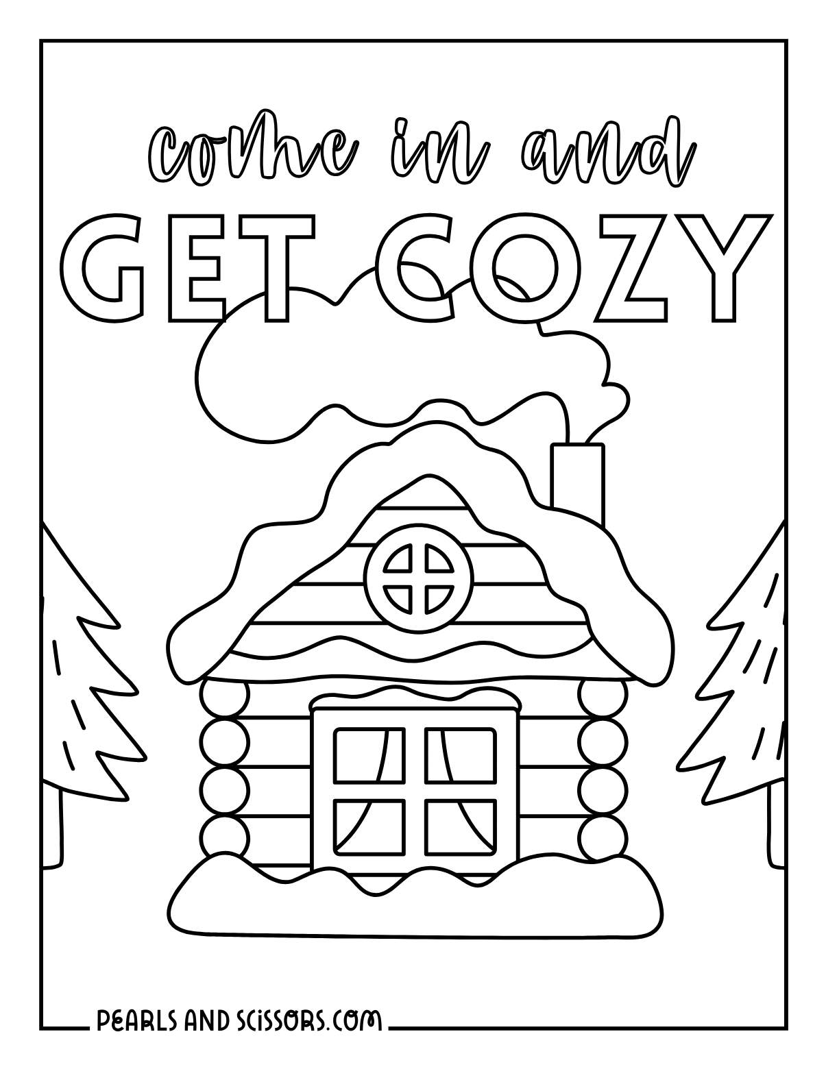 A log cabin with snow during winter coloring page.