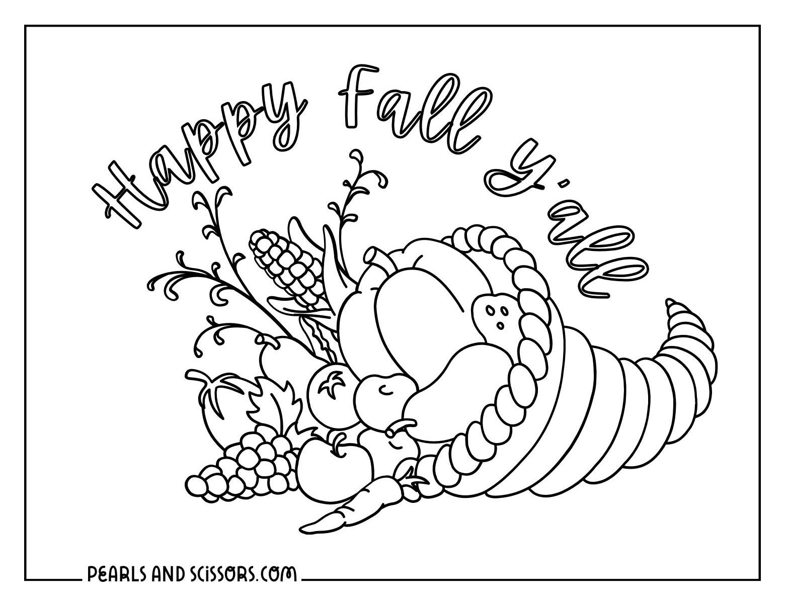 Thanksgiving cornucopia coloring page for adults.
