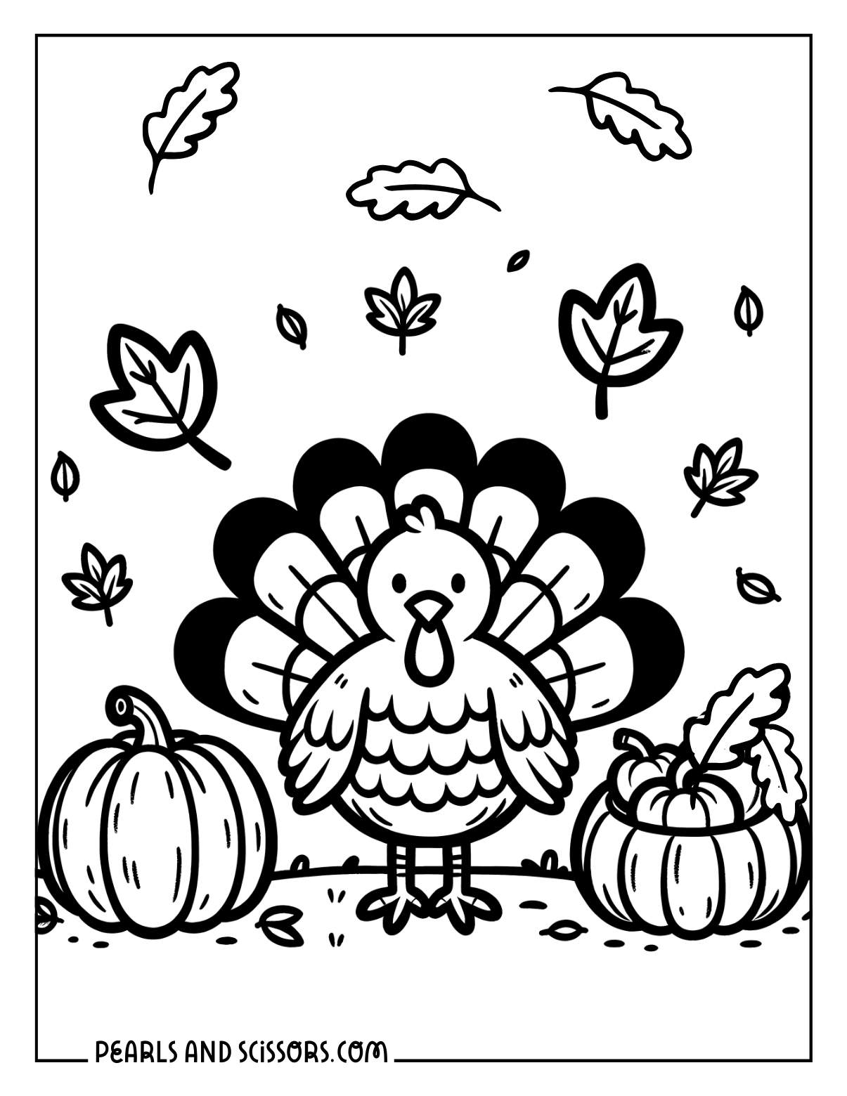 Turkey day thanksgiving coloring page with fall leaves and pumpkins.