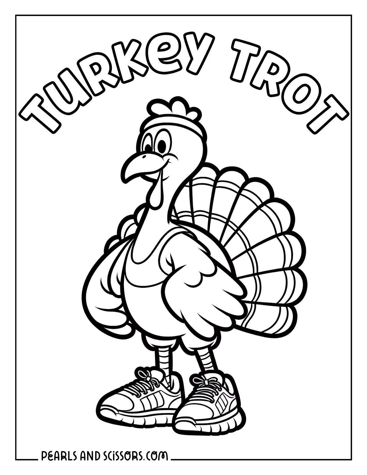 Turkey trot cartoon thanksgiving coloring page for kids.