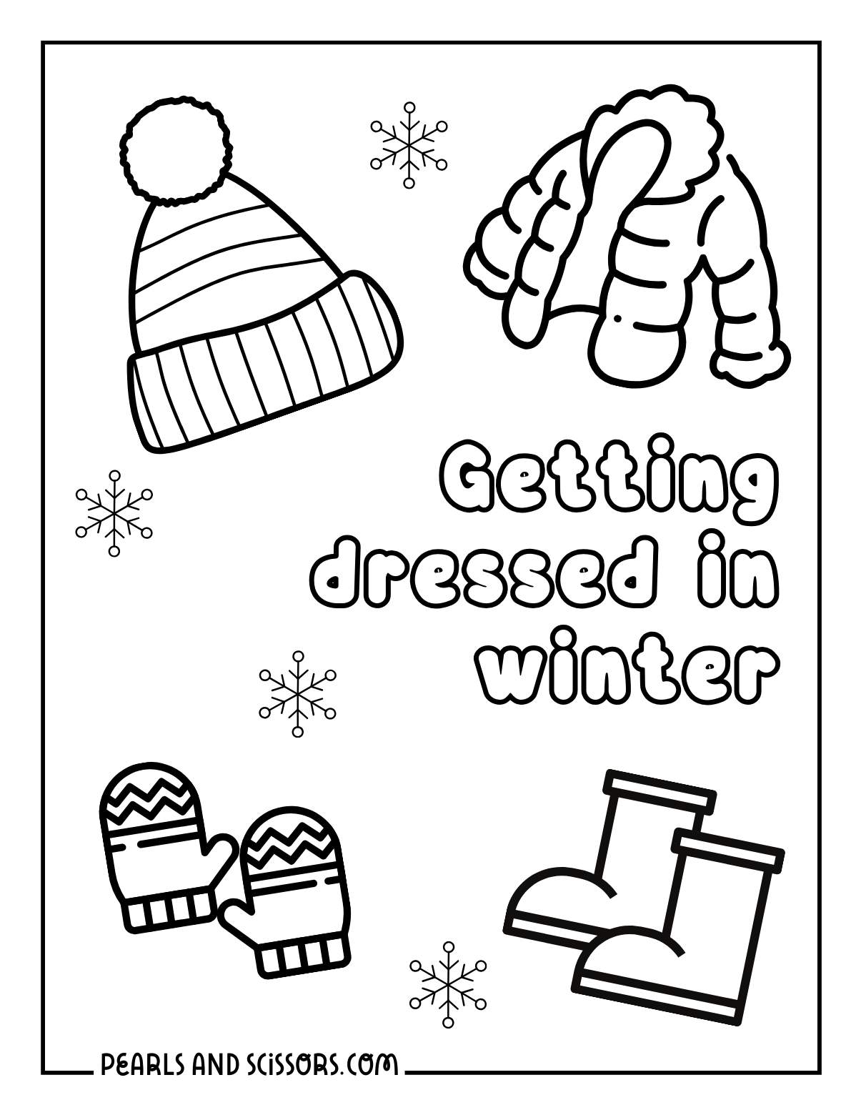 Winter outfits: a hat, jacket, boots and mittens coloring page for preschool.