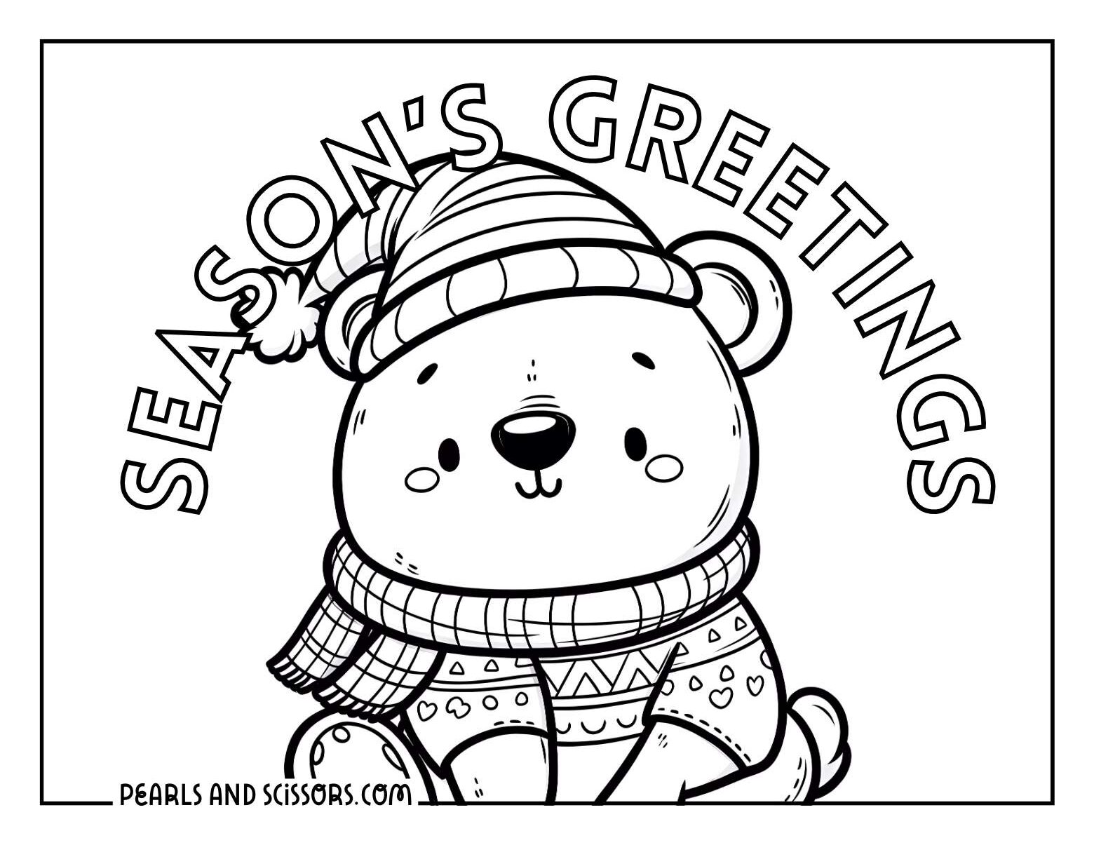 A cute polar bear wearing winter clothes: a beanie and cozy sweater to color.