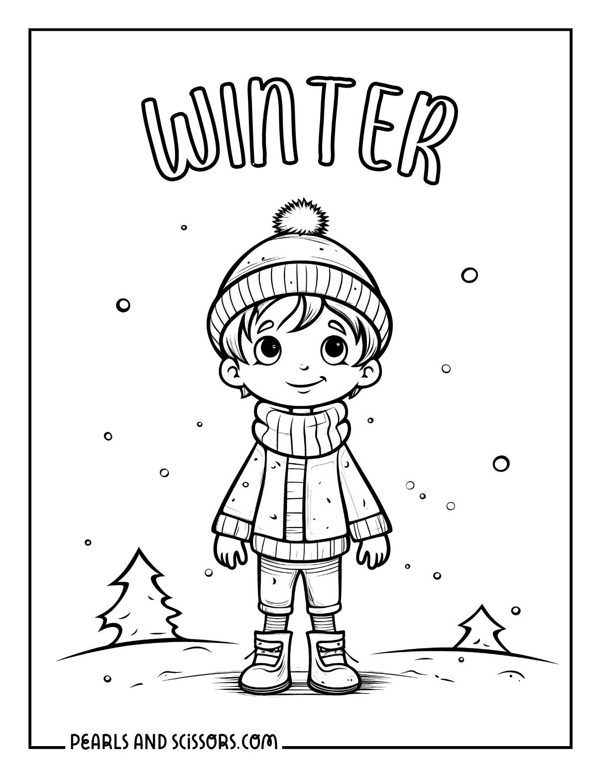 A boy wearing a winter clothes: a hat and scarf outside coloring sheet for kids,