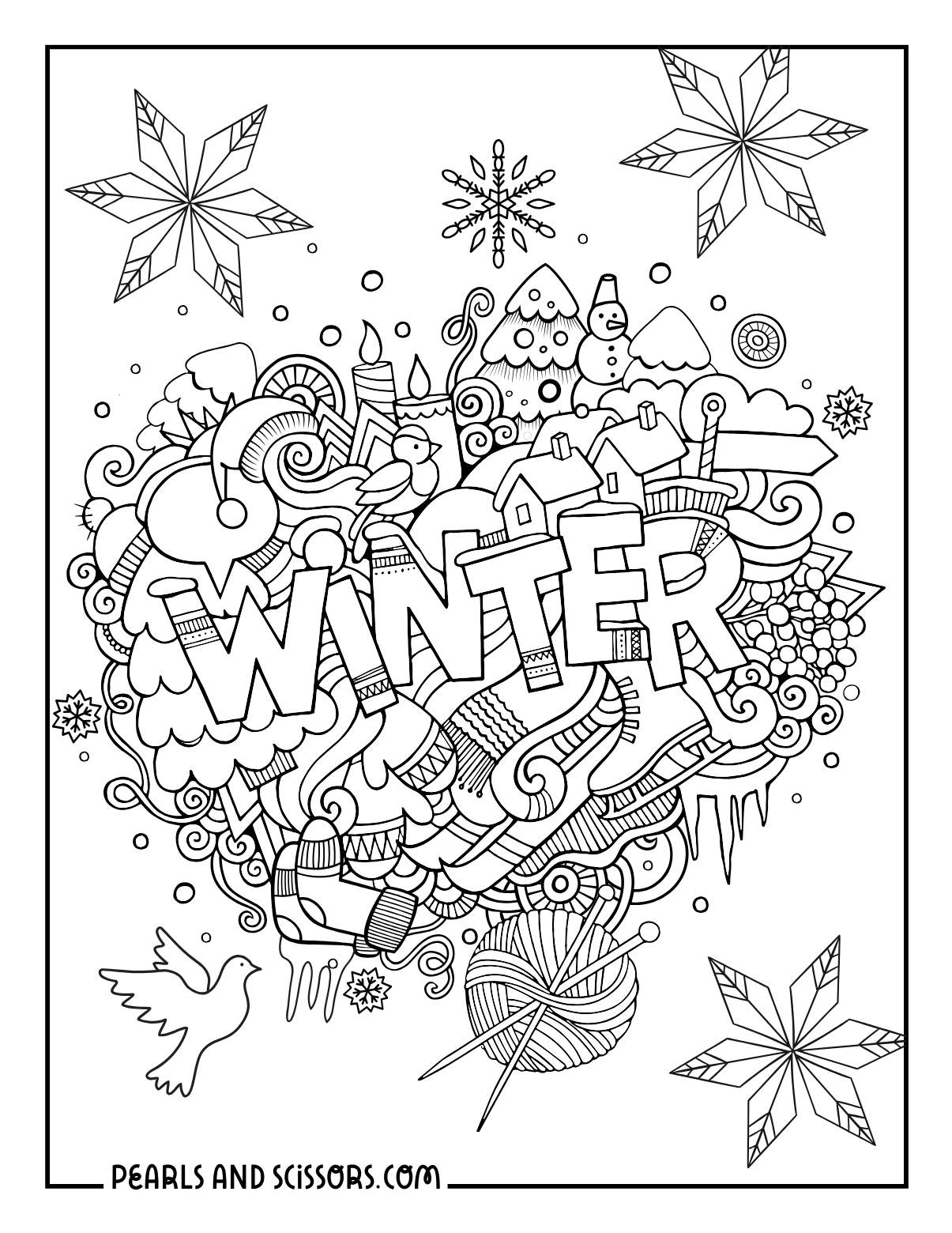 Winter doodle coloring page for adults.