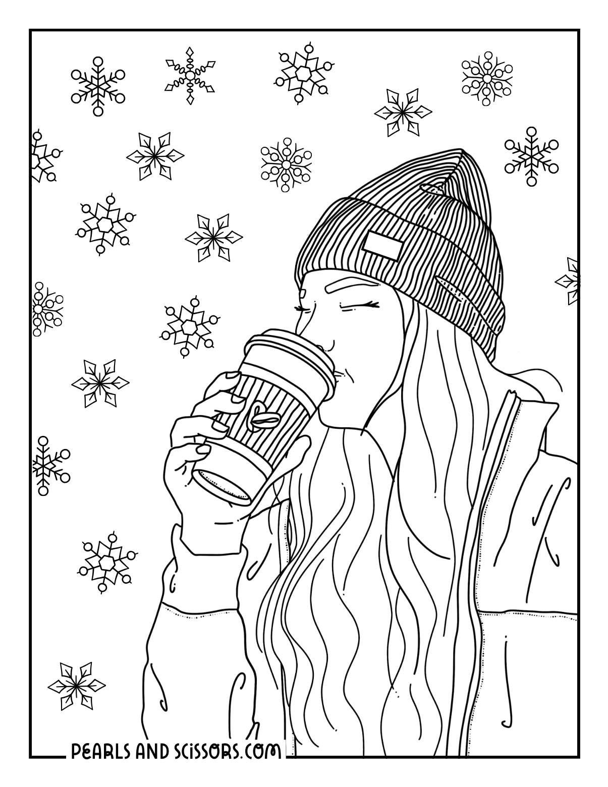 Woman sipping a hot chocolate winter coloring page.