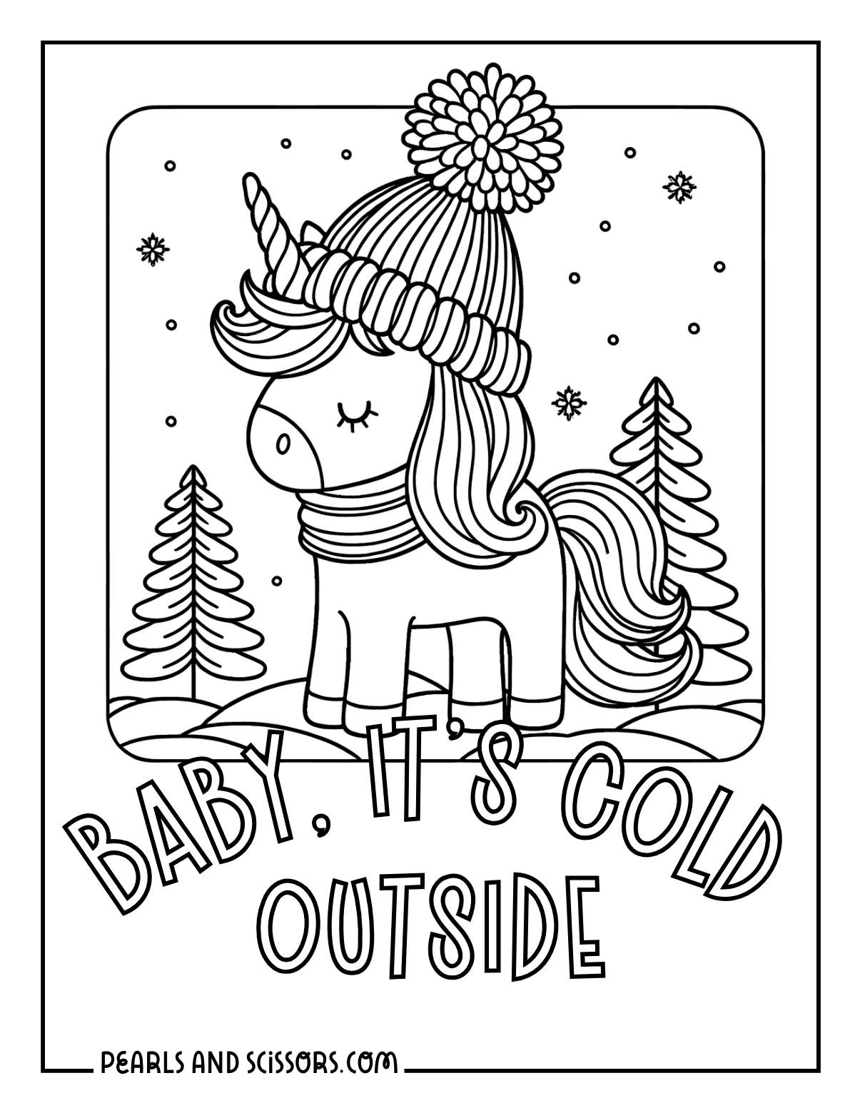 Cute unicorn wearing a winter hat outside christmas coloring page.
